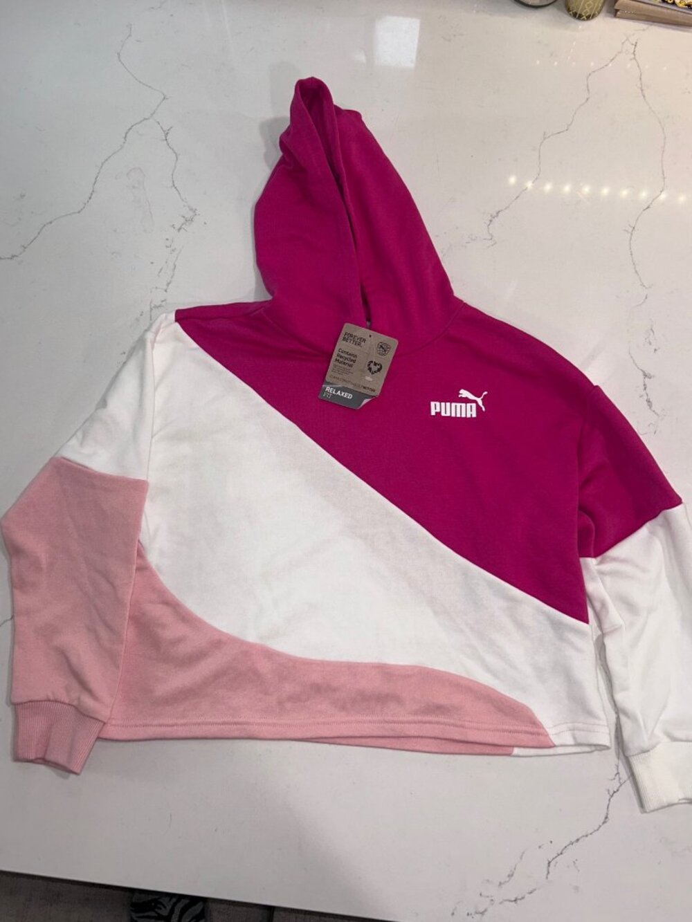 NWT Puma Girls Colorblock Hoodie Pink White Size M